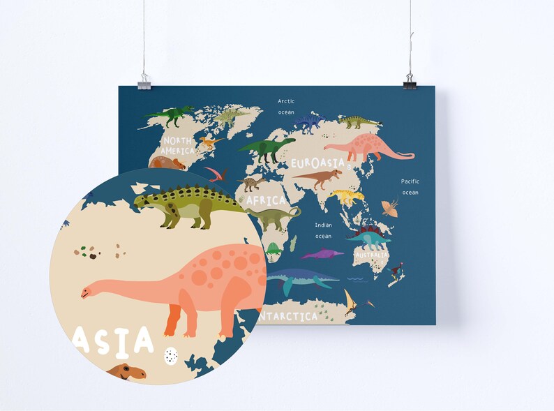 Navy Blue Dinosaur World Map Poster Dinosaur Wall Art Etsy