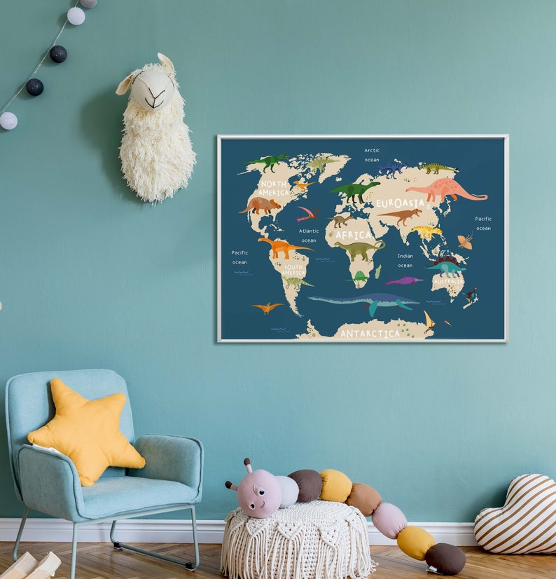 Navy Blue Dinosaur World Map Poster Dinosaur Wall Art Etsy