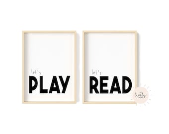 Black and white kids room wall art, Lets play kids print, Toddler playroom decor, Monochrome nursery bedroom prints, Black and white poster