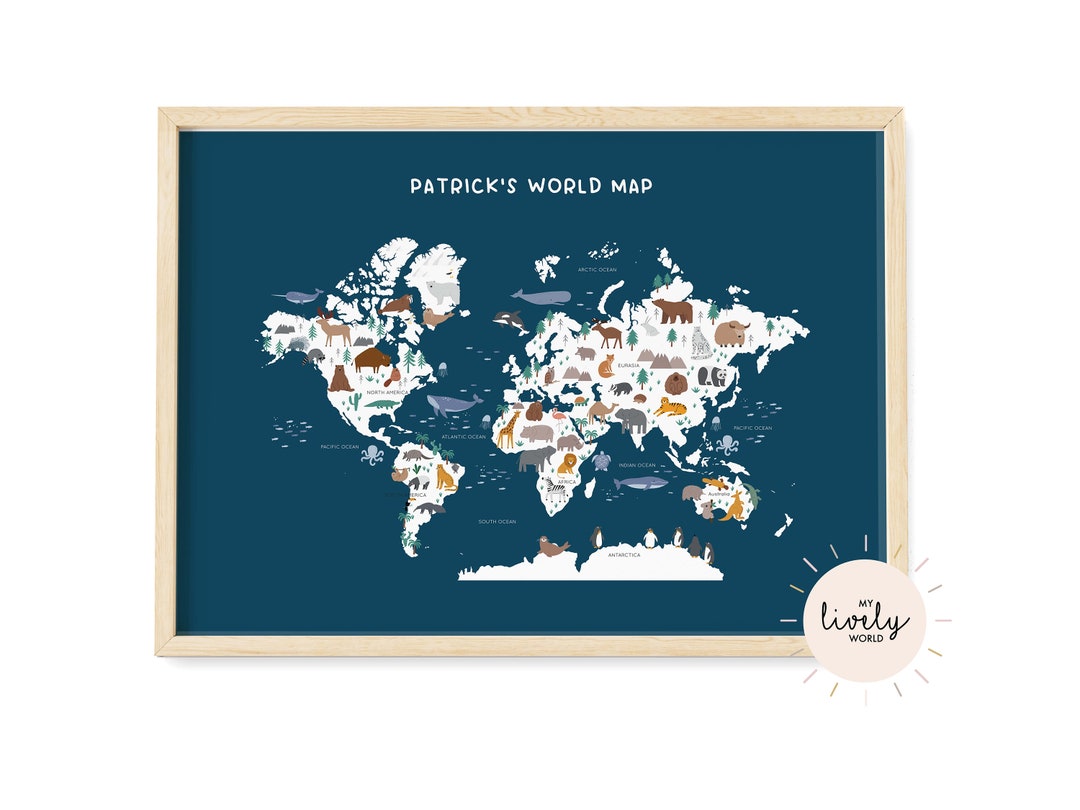 Animal World Map, Kids World Map, Playroom Decor, World Map Print