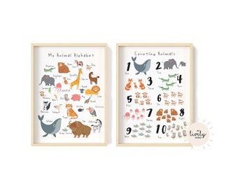 Animal alphabet and numbers prints - Printable wall art - ABC poster - Educational print - Classroom decor - Kids room - Digital download