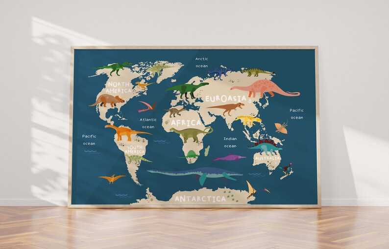 Navy Blue Dinosaur World Map Poster Dinosaur Wall Art Etsy