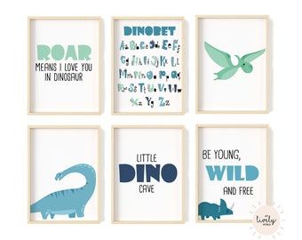 Nursery printables - Baby boy nursery art - Set of 6 Prints - Dinosaurs prints - Dino poster - Toddler wall art - Dinosaur alphabet print