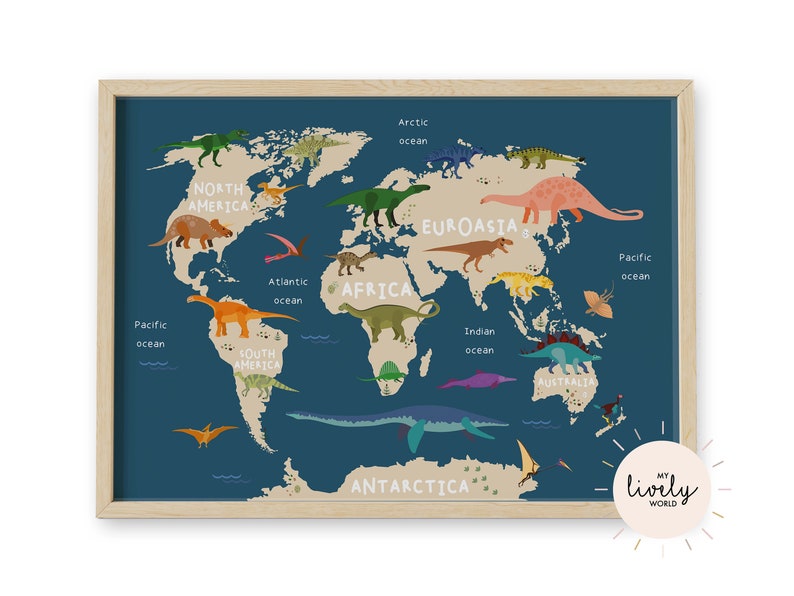 Navy Blue Dinosaur World Map Poster Dinosaur Wall Art Etsy