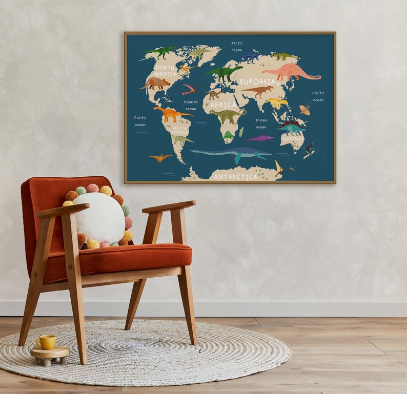 Navy Blue Dinosaur World Map Poster Dinosaur Wall Art Etsy
