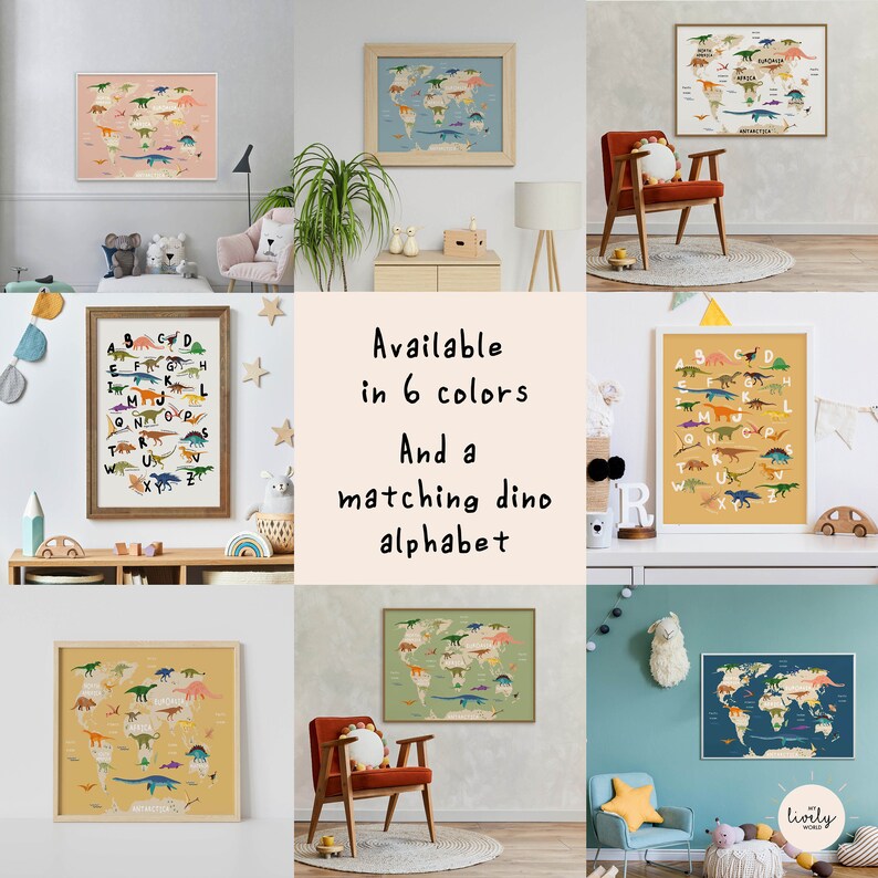 Navy Blue Dinosaur World Map Poster Dinosaur Wall Art Etsy