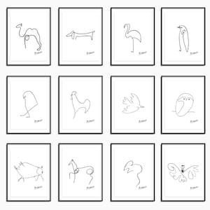 Picasso Line Drawings,  Picasso prints, Set of 12 , Animal Sketches, Minimalist Wall Art, Picasso Printables, Picasso Wall Art, One Line
