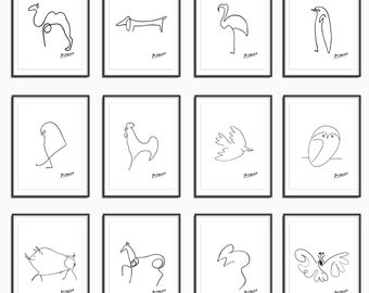 Picasso Line Drawings,  Picasso prints, Set of 12 , Animal Sketches, Minimalist Wall Art, Picasso Printables, Picasso Wall Art, One Line