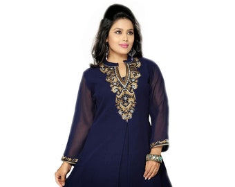 Women's Half-Collared Navy Blue Neck Embroidered Tunic / Peasant embroidered tunic / Boho Tunic / Plus Size Tunic Tops