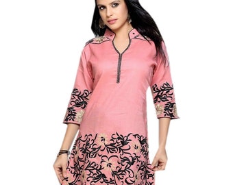 Silk Cotton Tunic Top Casual Dress Women's Embroided Shirts 3/4 Sleeve Tunics Mini Dress / Pink Tunic / Plus Size / Mandarin collar neck