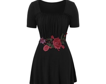 Schwarze Tunika Stickerei Bluse, Bauern Top, Kleid, Plus Size Tunika, asymmetrische Tunika Kleid, Oversize Kleid, Top, schwarzes Top, schwarzes Kleid Minikleid