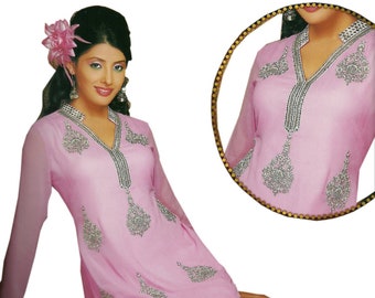 Womens Roze Georgette Tuniek / Borduurwerk Tuniek / Party dragen Top / Casual Blouse / Tuniek Top jurk / Geborduurde Tuniek jurk vrouwen / Casual Tunieken