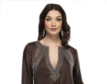 Tunique en coton brun pour femmes avec des pierres et des perles travail / Haut brodé de cou / Robe décontractée / Tunique pour dames Top / Robe de fête / Tunique en coton