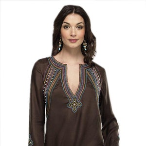 Women Brown Cotton Tunic/ Embroidered Top / Casual Dress / Ladies Tunic Top / Party Dress     ,Embroidered Top ,Plus Size Top, Boho Tunic