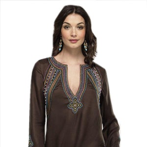 Women Brown Cotton Tunic with  stones and beads work /Neck Embroidered Top / Casual Dress / Ladies Tunic Top / Party Dress / Cotton  Tunic