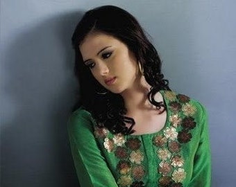 Túnica de algodón de seda verde / Top bordado / Blusa casual / Vestido top túnica / Vestido top túnica bordado