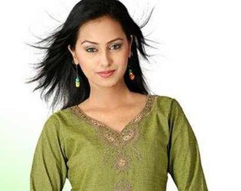 Vestido túnica de algodón verde para mujer/túnica campesina bordada/túnica boho/túnica de talla grande para mujer/túnica de diseñador