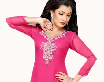 Mooie Rose Georgette Tuniek Top Casual Jurk / 3/4 Mouw Tunieken / Mini Jurk / Roze Tuniek / Plus Size / Tuniek Top voor Vrouwen