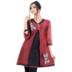 Red Silk Cotton Tunic Neck Button Work Top Dress Tunic, Casual Dress, Embroided Tunic  Shirts / Plus Size  clothing ,Party Wear Tunic Dress