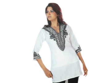 White  Tunic Embroidered , Plus Size Tunic, Resort wear, boho wear, Women's 3/4 Sleeve Boho Shirts Embroidered Peasant Top, White tunic