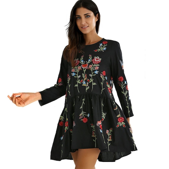 Black Embroidered Cotton Tunic top casual Dress evening Wear plus