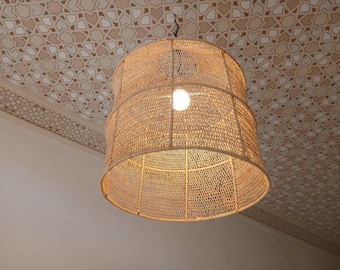 Rattan Pendant Light – Boho Wicker Ceiling Lamp, Handmade Moroccan Straw Light Fixture, Hanging Lampshade