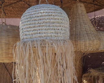 Boho Rattan Pendant Light Shade – Handmade Natural Fiber Lampshade, Neutral Hanging Light