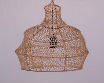 Boho Wicker Lamp – Rattan Lampshade, Handmade Chandelier, Natural Rattan Decor
