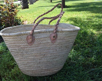 Straw bag french basket market basket,Beach Bag Handmade  Straw Baskets Natural Basket leather Handle Size:21x13 inches