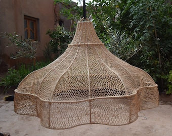 Moroccan Rattan Pendant Light Fixture – Large Handwoven Wicker Ceiling Lamp – Boho Japandi Rustic Lighting – Natural Handmade Lampshade