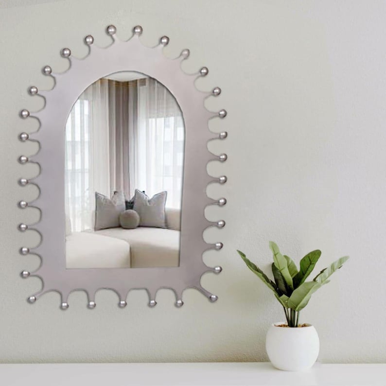 Marokkaanse gebogen spiegel handgemaakt – tinnen lijst accent – boho woondecoratie cadeau afbeelding 5