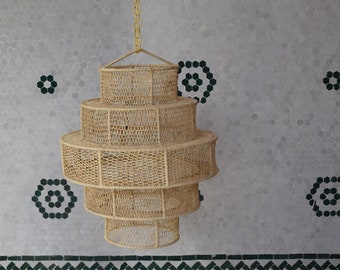 Moroccan Rattan Pendant Light, Boho Woven Ceiling Lamp, Handmade Lampshade, Rustic Hanging Light Fixture