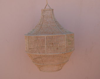 Moroccan Rattan Pendant Light, Boho Wicker Ceiling Lamp, Handmade Straw Hanging Fixture, Bohemian Lighting