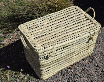 Handwoven Palm Leaf Storage Trunk | Boho Wicker Toy Chest, Laundry & Blanket Basket | Natural Moroccan Home Decor
