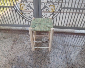 Handwoven Moroccan Stool – Natural Wood & Woven Fiber Stool – Rustic Boho Footstool – Handmade Artisan Seat