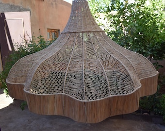 Moroccan Rattan Pendant Light Fixture – Large Handmade Wicker Ceiling Lamp – Rustic Boho Lighting