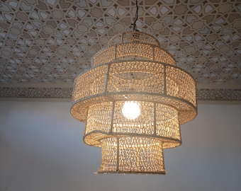 Rattan Pendant Light – Moroccan Wicker Ceiling Lamp, Boho Hanging Light Fixture, Handmade Lampshade