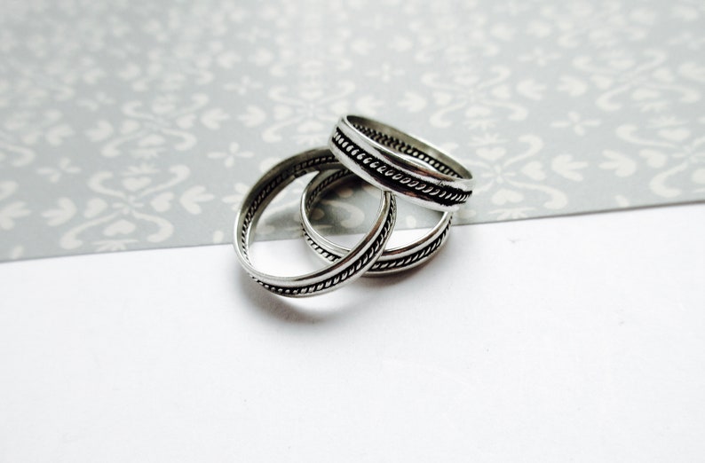 Thin Silver Unisex Stackable Band Rings Simple Band Rings Layering Rope Detail Band Ring Slim Band Rings Celtic Design Band Rings