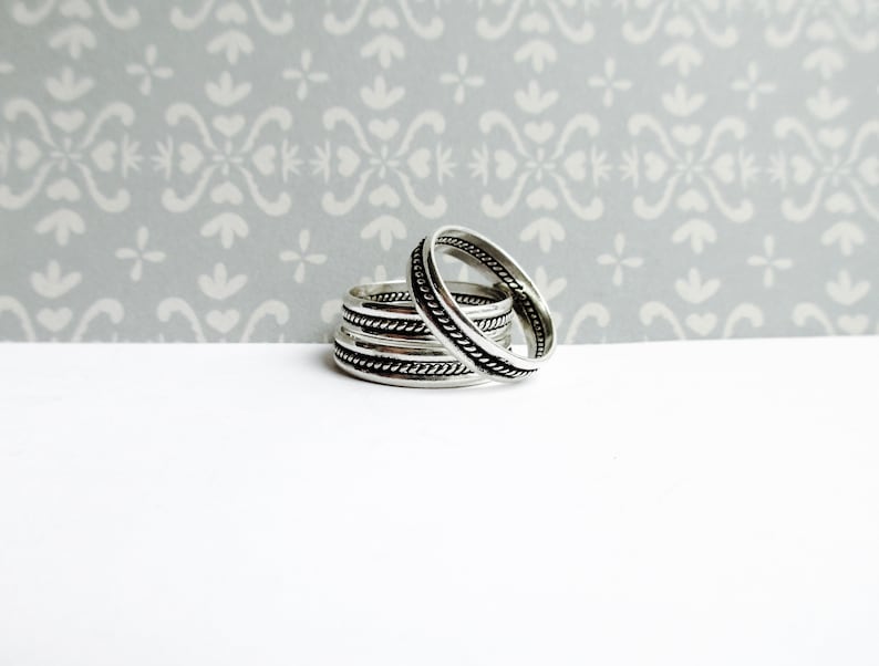 Thin Silver Unisex Stackable Band Rings Simple Band Rings Layering Rope Detail Band Ring Slim Band Rings Celtic Design Band Rings