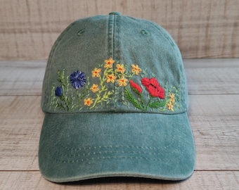 Cotton baseball cap hand-embroidered with red poppy and wildflowers pattern, stitched floral hat for woman, made to order gift for her