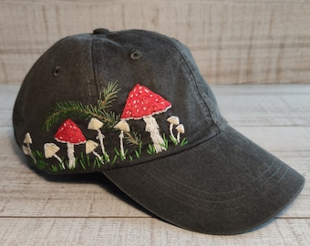 Hand embroidered mushrooms baseball cap for women, hand stitched cotton hat, floral embroidery, personalized birthday gift for mother