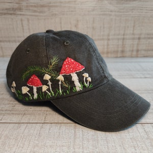 Hand embroidered mushrooms baseball cap for women, hand stitched cotton hat, floral embroidery, personalized birthday gift for mother