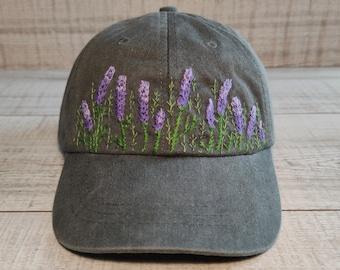 Personalized  gift for women - gray baseball cap hand embroidered with lavender, hand-stitched cotton hat, birthday gifts for her