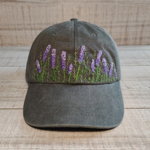 Personalized  gift for women - gray baseball cap hand embroidered with lavender, hand-stitched cotton hat, birthday gifts for her