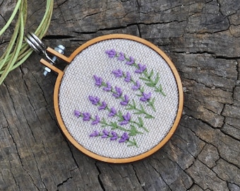 Plant lovers gift - hand embroidered purple lavenders pendant with custom engraved wooden backing, handmade necklace, micro embroidery