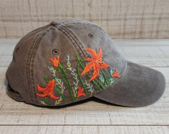 Embroidered orange lilies cotton baseball cap, unique hand-stitched asiatic lily hat for women,personalized gift for mom, floral embroidery