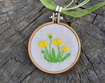 Yellow dandelion embroidery micro cross stitch pendant, elegant floral necklace, engraved handwriting wood backing, flower lover pendant