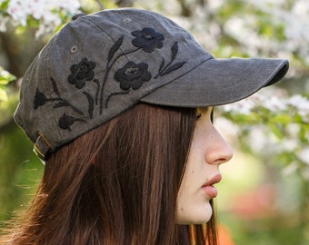 Black baseball hat with hand embroidered wildflowers, custom design floral baseball cap, personalized gift for women, gift for mother, mom