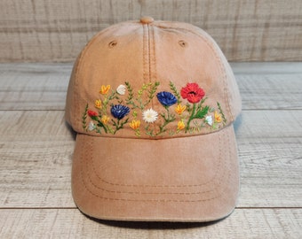Colorful baseball cap hand embroidered with red poppy, camomile and wildflowers pattern, custom embroidered hat, personalized gift for her