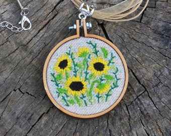 Sunflower necklace, hand embroidered linen pendant in a wood frame, waxed cord necklace, engraved wood backing, mothers day gift